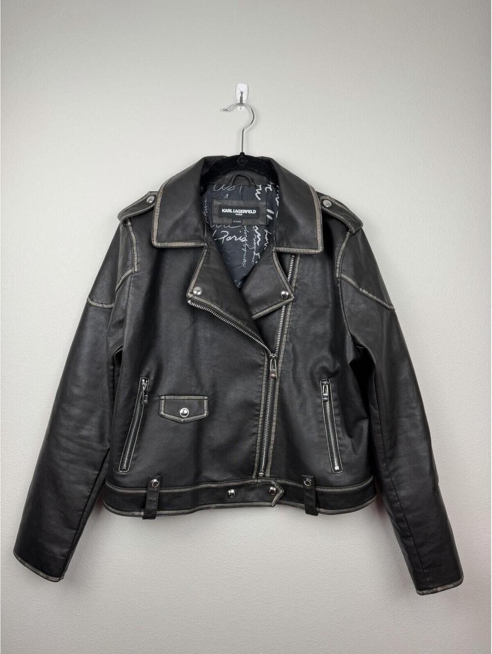 Women’s XL Asymmetric Belted Moto Zip Black Jacket Faux Leather | Karl Lagerfeld